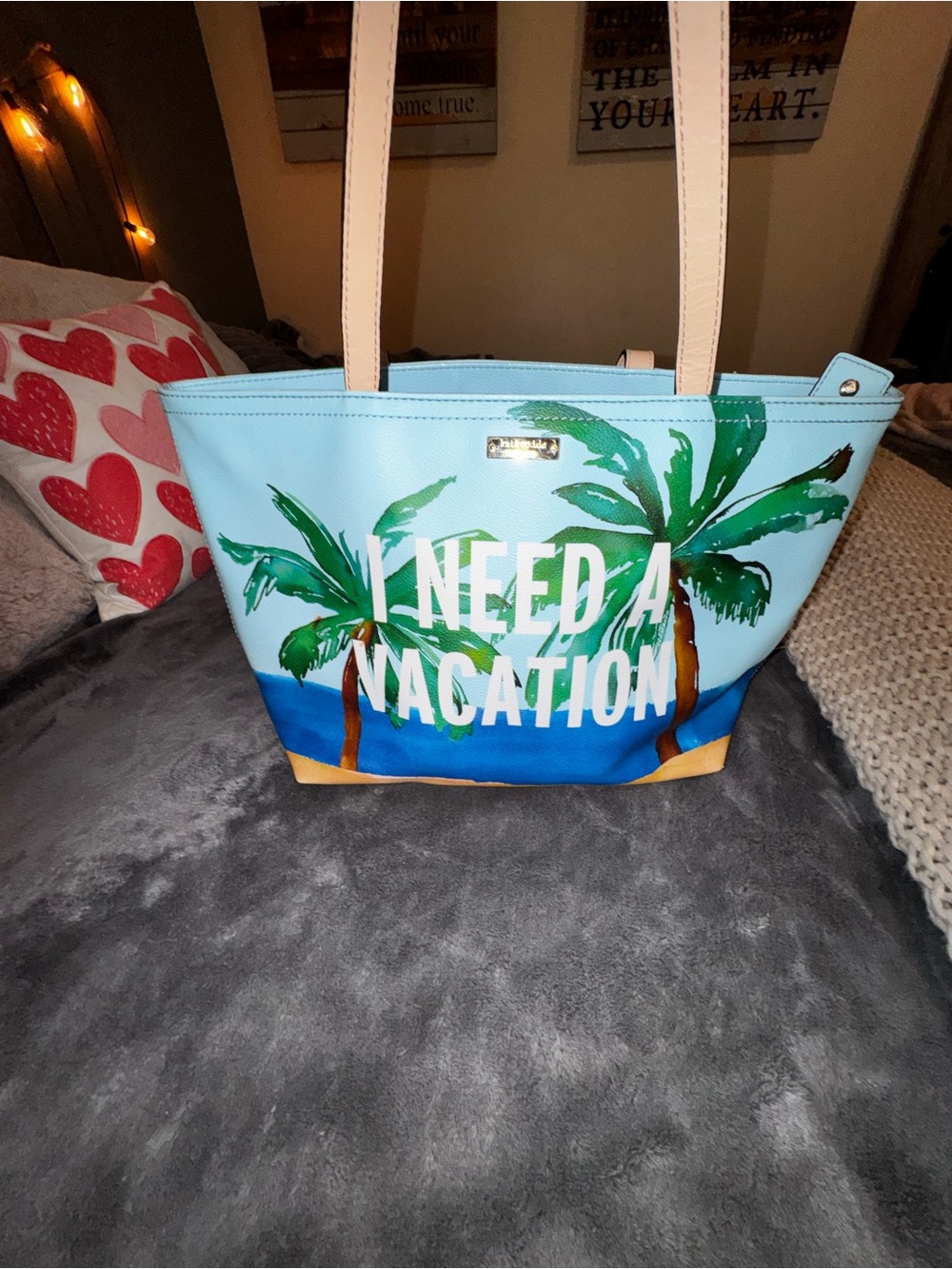 kate spade Blue Palm-Print Tote with Beige Straps